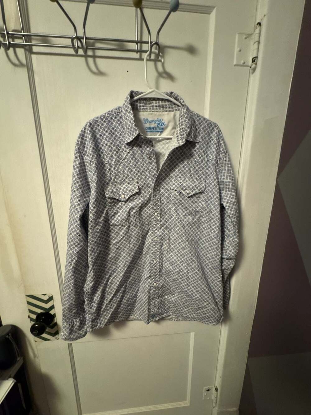 Wrangler 20X Competition Shirt Size L Blue White Geometric Pearl Snap Western